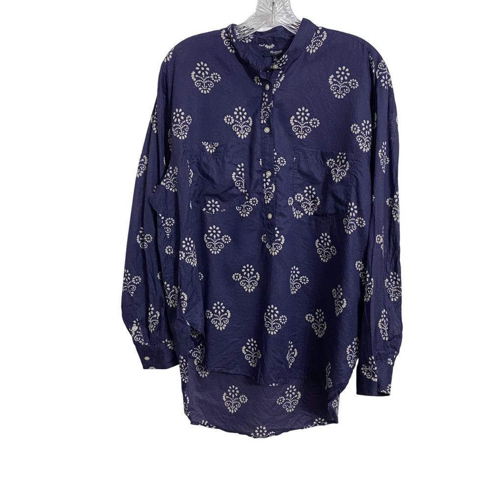 Madewell Blue Button-Up Blouse Large Boho Relaxed Fit Top Long Sleeve